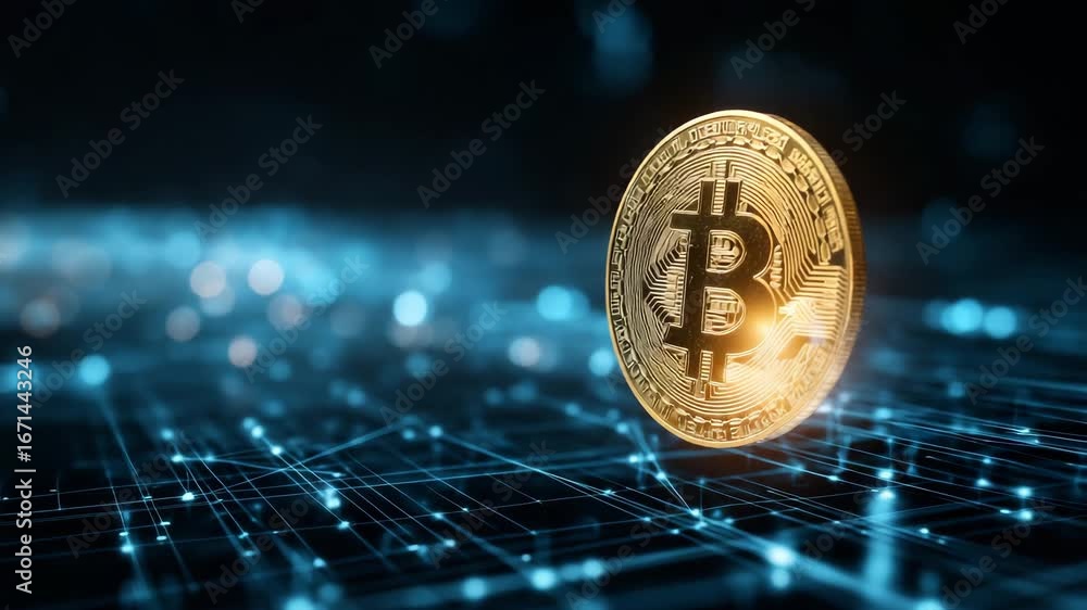 A shiny gold coin with the letter B on it is floating in the air. Glowing bitcoin coin trapped behind digital firewall grid, crypto ban, futuristic dark blue sci-tech background