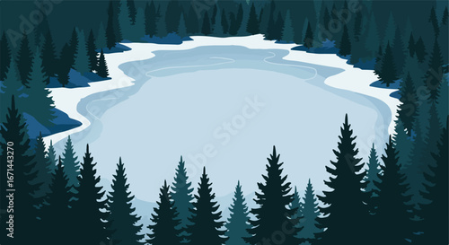 Snowy lake surrounded by a forest of pine trees, cool blues and greens