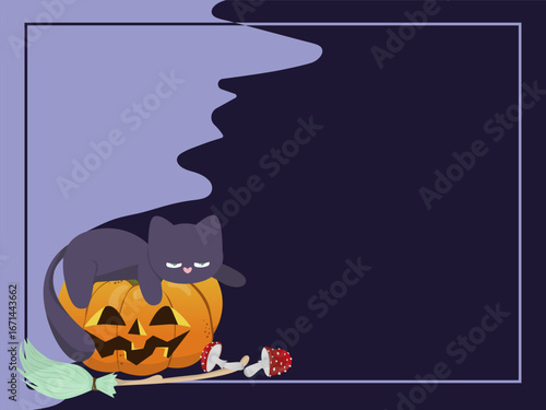 Halloween-themed vector illustration featuring a cute black cat resting lazily on a carved pumpkin. A witch s broom and mushrooms add to the spooky festive atmosphere.