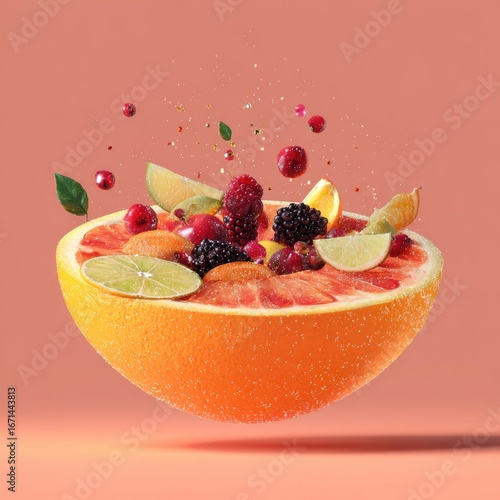 Vibrant fruit salad in a grapefruit half, suspended in mid-air