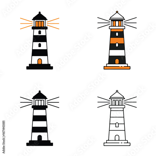 Four unique lighthouse designs with stylized stripes and light beams