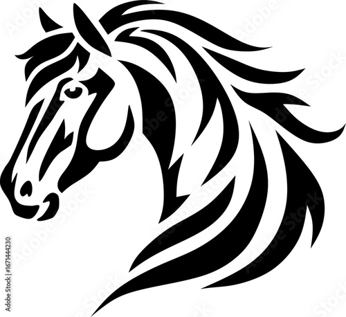 Horse head, black and white vector drawing for stencil, symbol of 2026