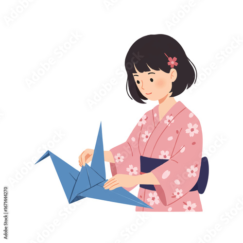 Vector art illustration of a Japanese woman wearing a traditional kimono dress and holding a fan origami paper crane.