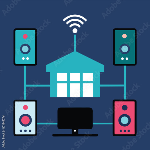 Connected home theater system with digital entertainment smart technology vector illustration