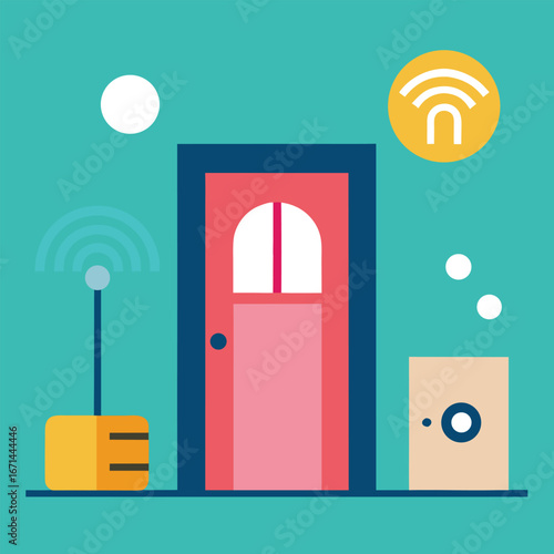 Home entrance with keyless access security system digital smart home vector illustration