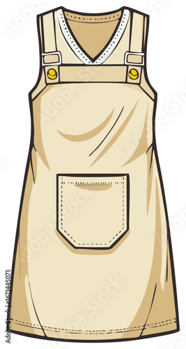 Cartoon Illustration of a Women's Tan Cotton Jumper Dress with Pocket and Suspenders