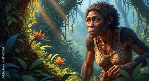 Early Hominid Ancestor in Prehistoric Jungle.