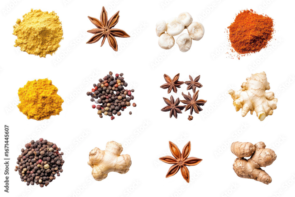 Obraz premium A collection of various spices including star anise, ginger, turmeric, peppercorns, and chili powder, isolated on transparent background