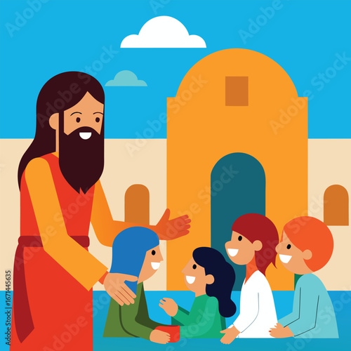 Jesus blessing a group of people with compassion and love biblical Christian religious artwork