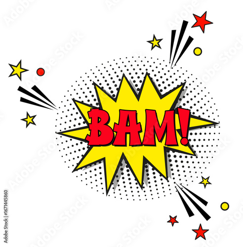 Comic lettering bam. Vector bright cartoon illustration in retro pop art style. Comic text sound effects. EPS 10.	