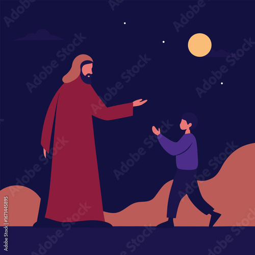 Jesus guiding a lost traveler with divine light Christian biblical compassion illustration