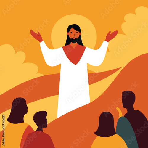 Jesus preaching to a large crowd biblical Christian sermon teaching artwork