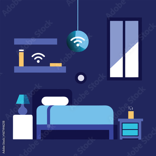A bedroom with iot controlled air conditioning smart home climate system vector illustration