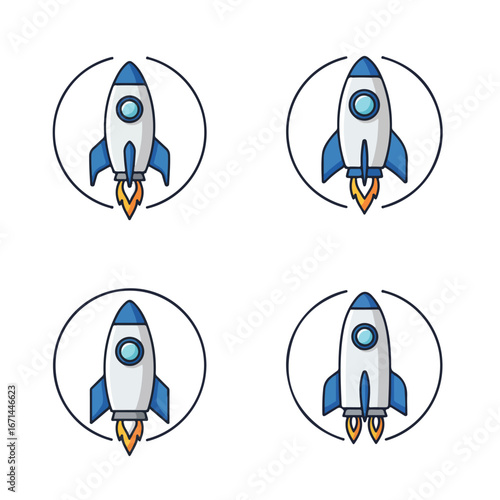 Launch Blue & white cartoon rocketships with flames in circular frames