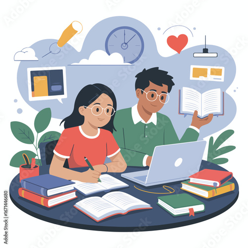 A girl and a boy are studying together at home with a laptop and books