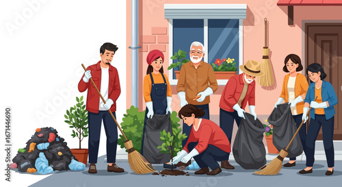 Joyful community volunteers clean neighborhood, planting trees and collecting trash together