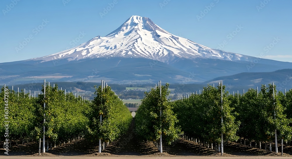 Obraz premium Majestic Snow-Capped Mountain with Green Trees.