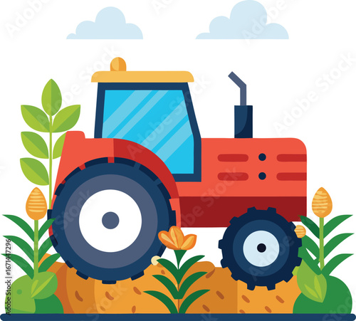 Vector of Farm Tractor with Crops