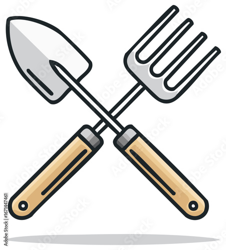 Graphic Illustration of Hand Trowel and Garden Fork Tools Crossed for Cultivating Soil and Planting