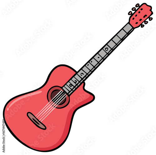 Vibrant Red Acoustic Guitar Illustration with a Simple Cartoon Style