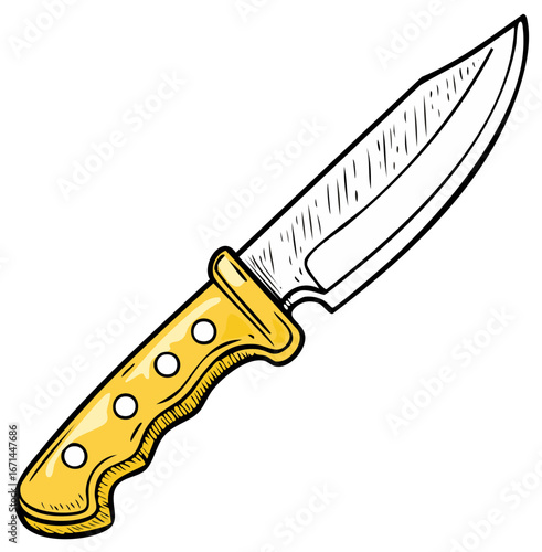 Cartoon illustration of a yellow handled utility knife with a sharp blade