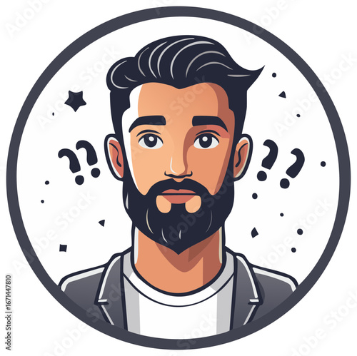 Thoughtful bearded man avatar icon with question marks for dilemma or inquiry