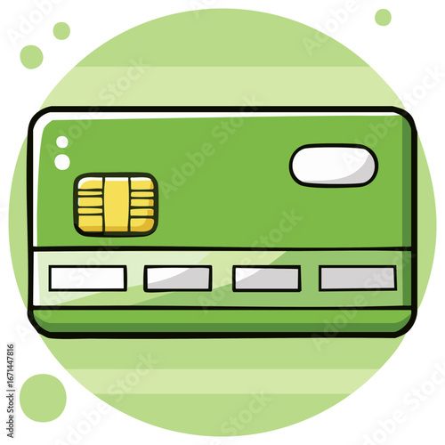 Simple green credit card with gold payment chip cartoon vector illustration for finance