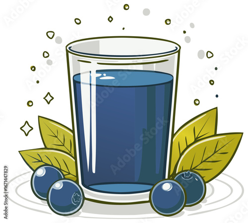 Illustration featuring a glass of blueberry juice with fresh berries and leaves on a plate