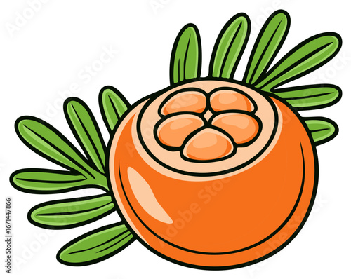 Vibrant cartoon sea buckthorn berry with bright green leaves for food and beauty products, single design element