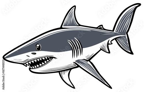 Aggressive shark with bared teeth and fins depicted in a graphic style