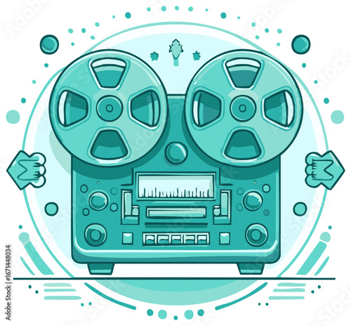 Retro Reel-to-Reel Audio Recorder with Stylized Design and Sound Wave Graphic