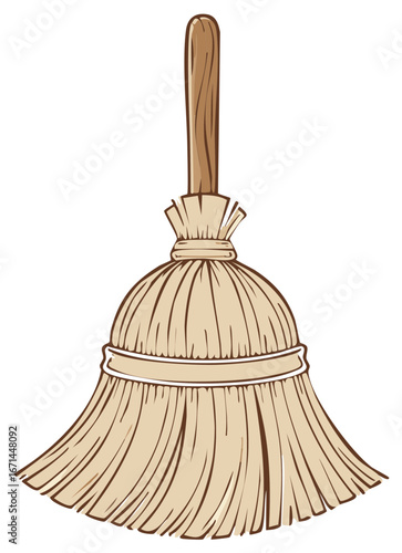 Classic straw broom with wooden handle traditional household cleaning tool cartoon illustration