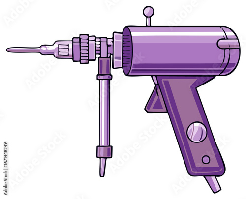 Retro cartoon ray gun illustration, purple color, futuristic science fiction weapon