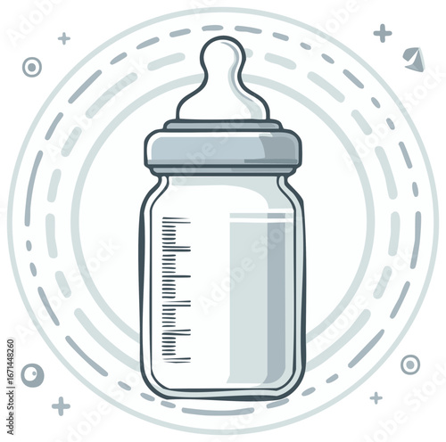 Grayscale line art illustration of a baby feeding bottle with milk for newborn care