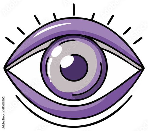 Esoteric symbol of a purple eye with a wide pupil and lashes in a graphic cartoon style