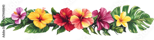 A vibrant border of colorful hibiscus flowers and tropical leaves isolated on transparent background