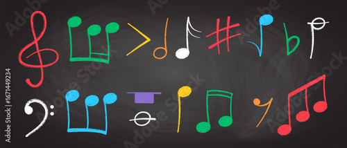Crayon pastel or chalk music note signs doodle hand drawn symbol shapes set. Chalkboard textured musical symbols treble, bass clefs, pauses doodle collection.
