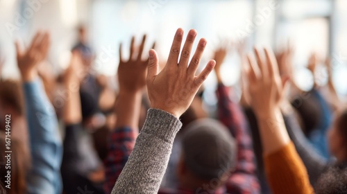 Hands raised in a meeting