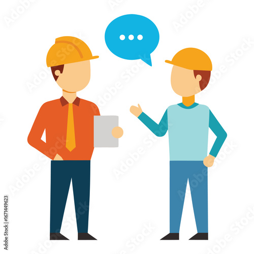 Young construction manager giving instruction to workers professional business vector illustration