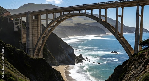Iconic Bixby Creek Bridge along the scenic Pacific Coast Highway in Big Sur, California.