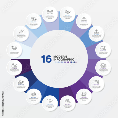 Basic infographic with 16 steps, process or options.	