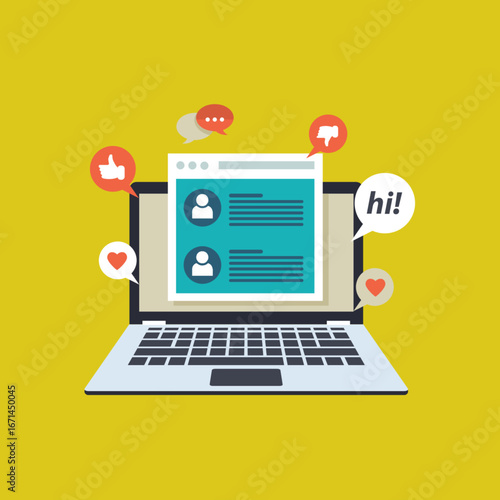 Laptop Screen Displaying Social Media Engagement: Flat Design Illustration