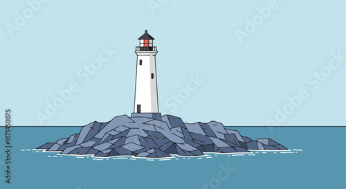 Isolated lighthouse Tower on a rocky island, surrounded by ocean, light blue sky