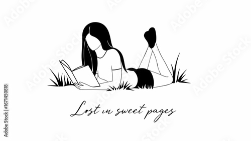 Girl lying on grass reading a book in black and white minimalist illustration with simple line art style silhouette
