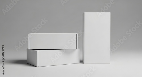 Three blank white cardboard boxes of varying sizes sit on a neutral gray background, showcasing packaging design potential.
