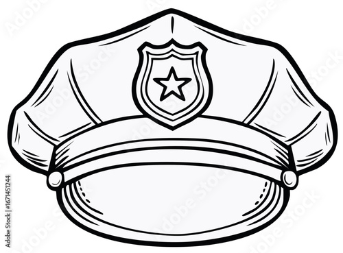 Black and white illustration of a police cap with a badge featuring a star, symbolizing law enforcement and authority.