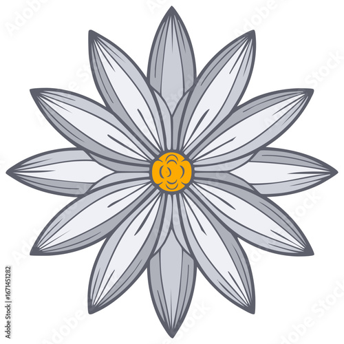 Floral Illustration Gray Flower with Yellow Center Petals Decoration