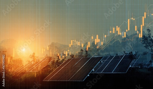 Solar panels in landscape, overlaid with stock market charts, sunrise