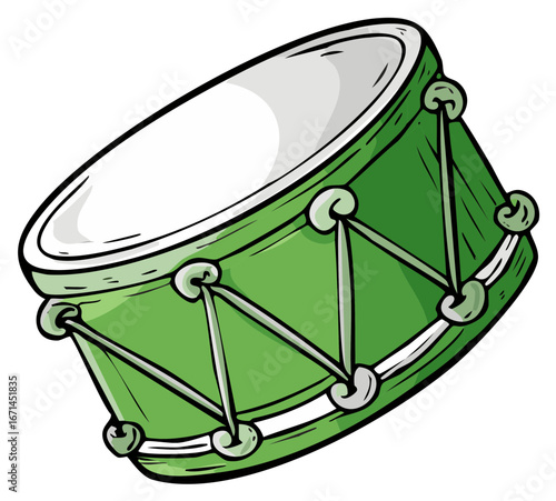 Green Cartoon Drum with Diagonal Cords Round Musical Instrument Playful Design