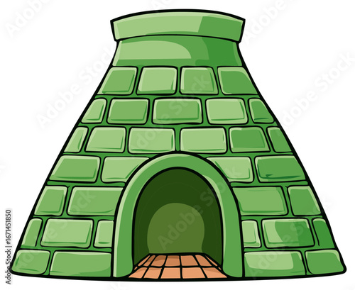 Green Cartoon Brick Hut Illustration with Arched Entrance and Tiled Floor
